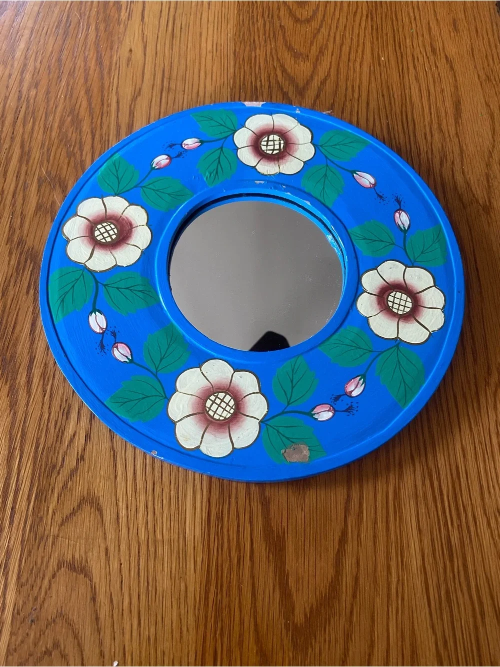 Vintage Folk Art Hand-Painted Blue Floral Round Wall Mirror